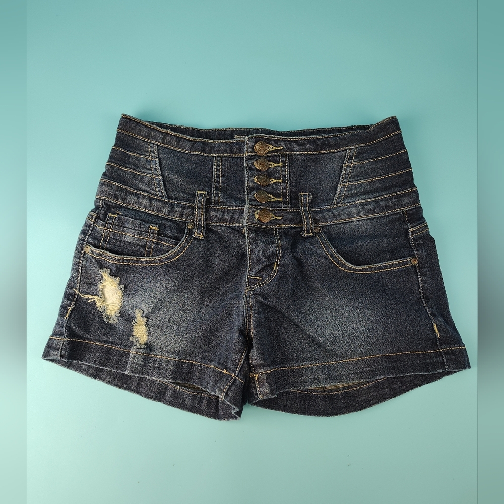 Hot Kiss Cici Short High Waist Junior Size 3 Denim Shorts Button Fly Dark Wash